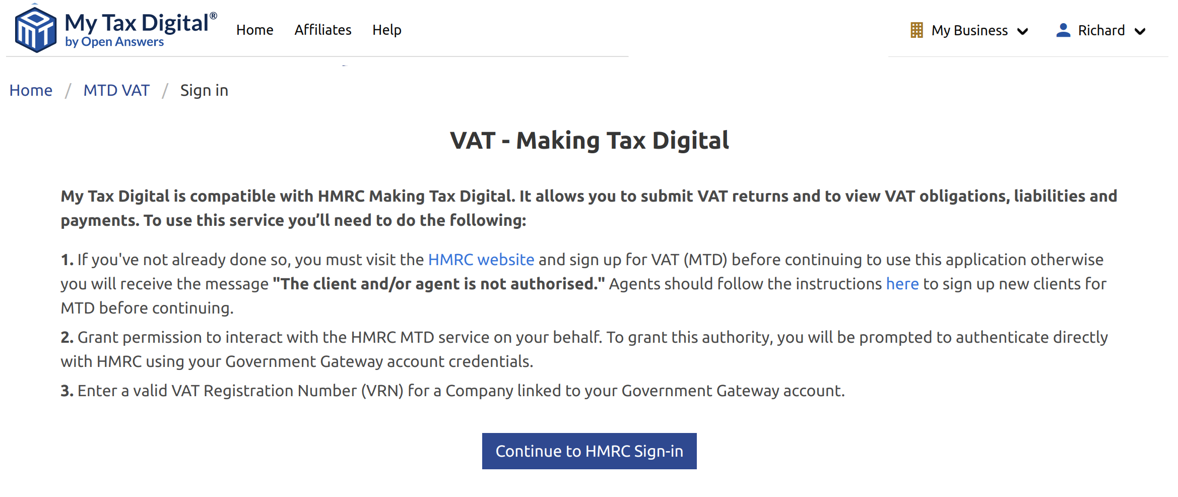My Tax Digital HMRC MTD sign-in