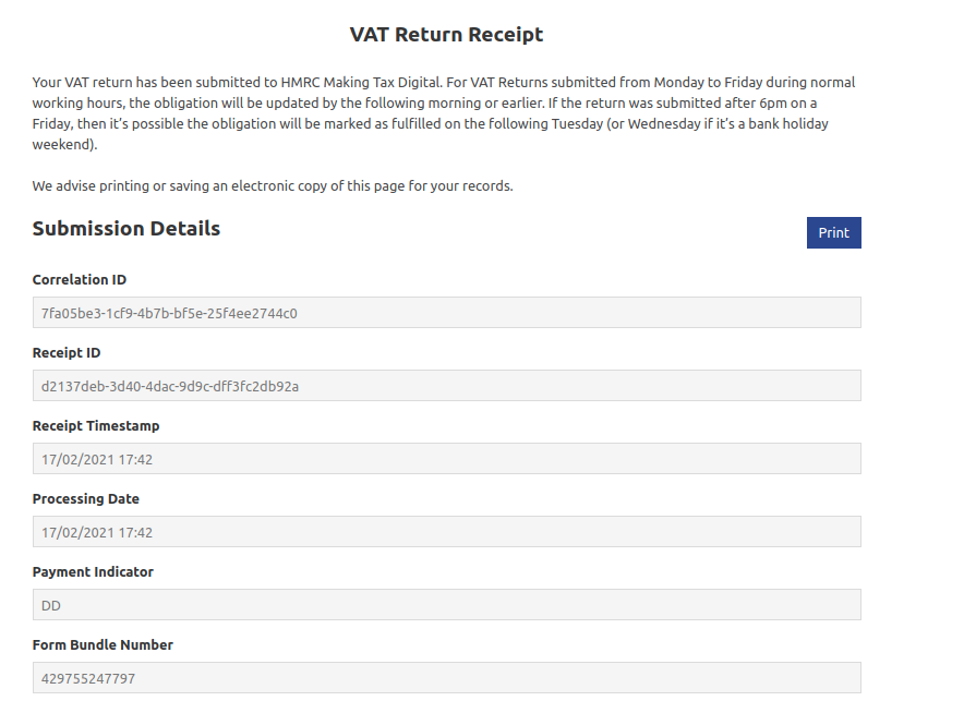 My Tax Digital MTD VAT return receipt